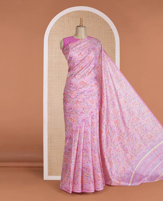 Borderless pink paisley motifs printed silk saree, intricately printed pallu