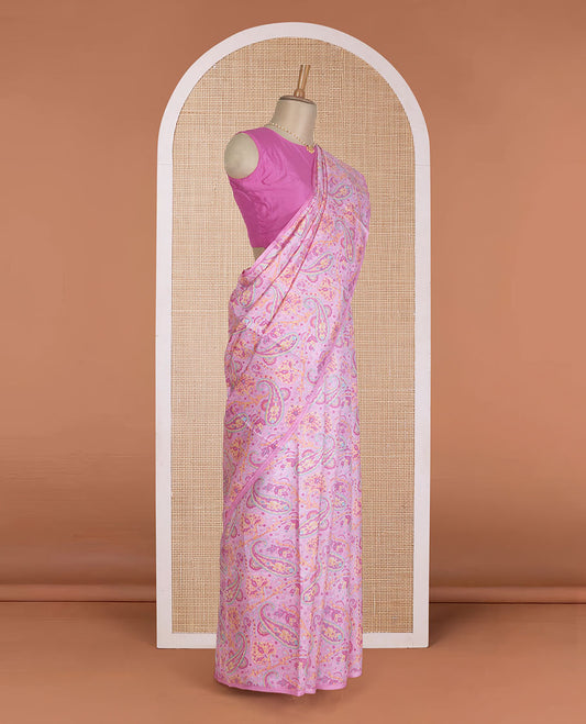 Borderless pink paisley motifs printed silk saree, intricately printed pallu