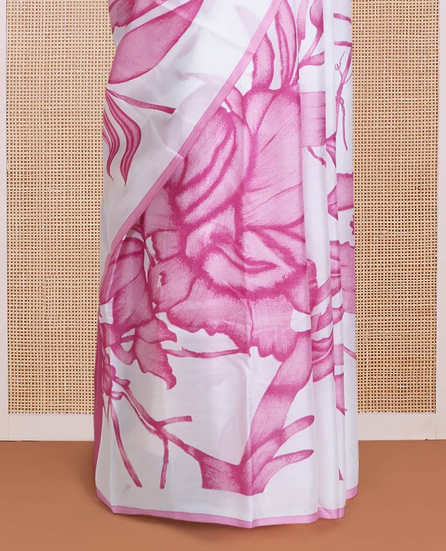 Borderless white-pink floral vine motifs printed silk saree, floral printed pallu