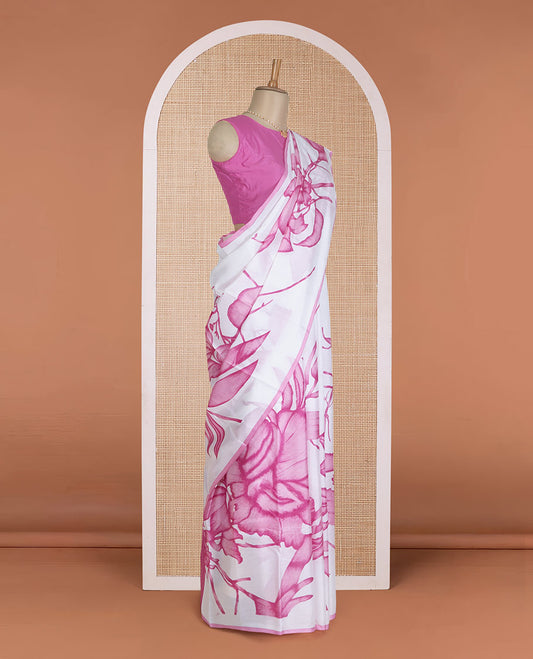 Borderless white-pink floral vine motifs printed silk saree, floral printed pallu