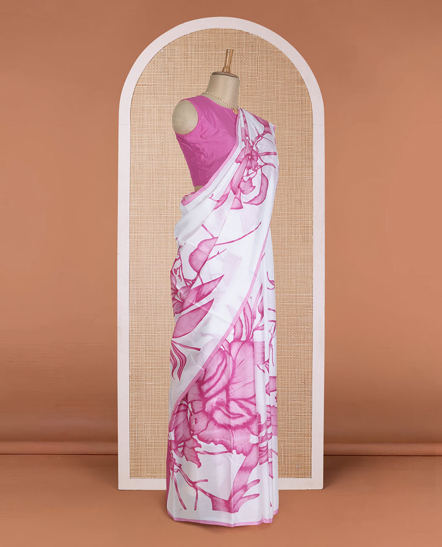 Borderless white-pink floral vine motifs printed silk saree, floral printed pallu