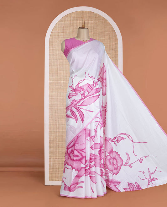 Borderless white-pink floral vine motifs printed silk saree, floral printed pallu