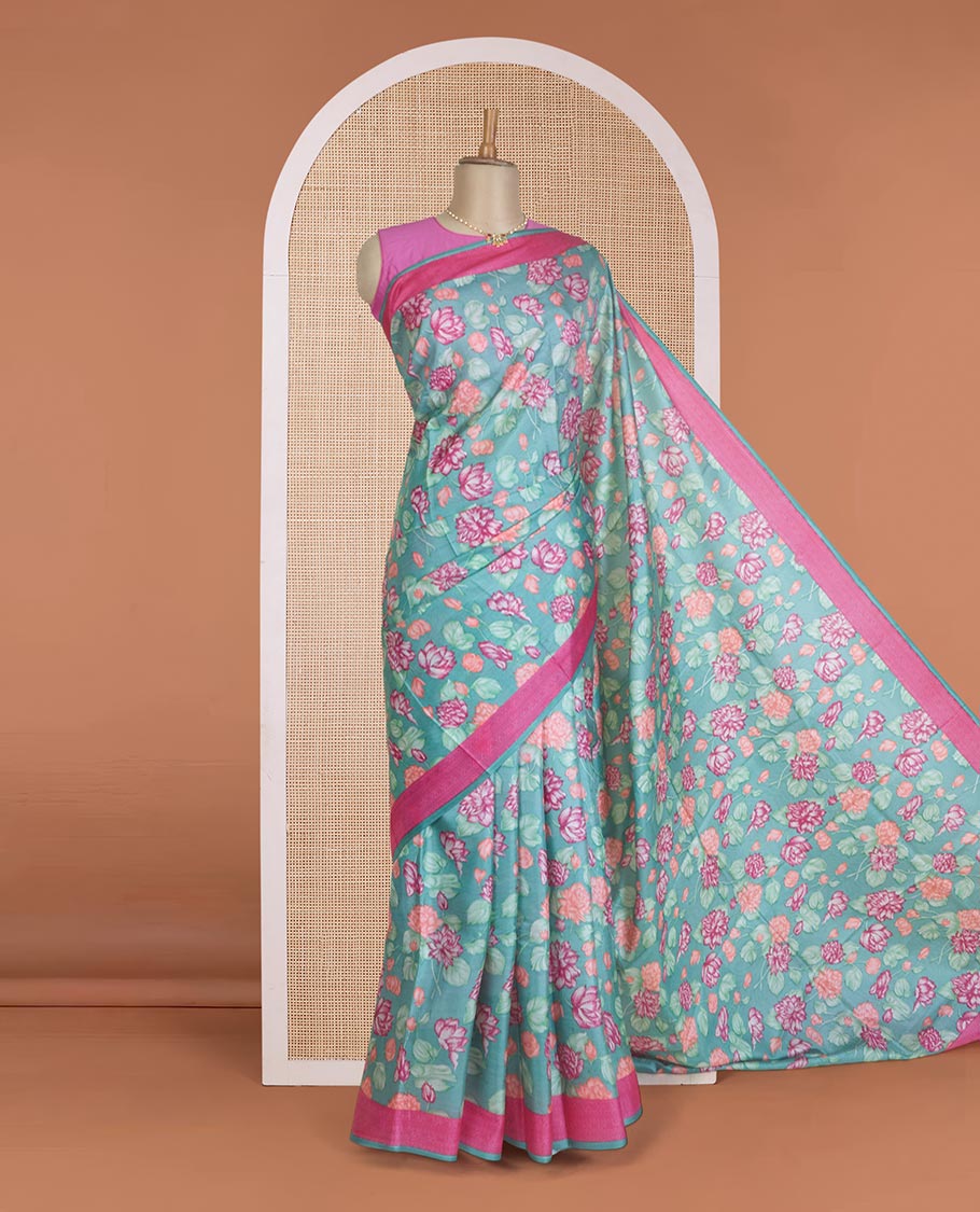 Green Pichwai lotus motifs printed silk saree, contrast plain border, and Pichwai lotus motifs printed pallu