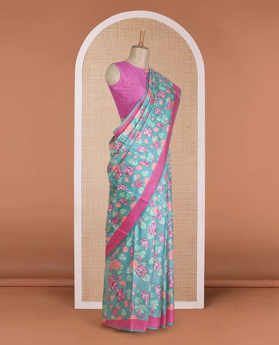 Green Pichwai lotus motifs printed silk saree, contrast plain border, and Pichwai lotus motifs printed pallu