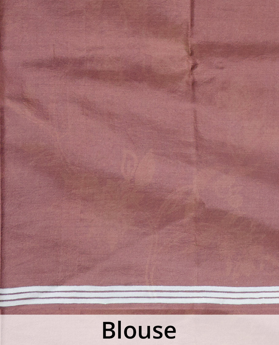 Violet floral vine and bird motifs printed silk saree, piping border, and floral printed pallu