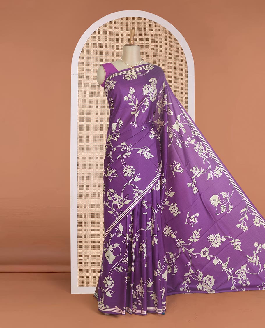 Violet floral vine and bird motifs printed silk saree, piping border, and floral printed pallu