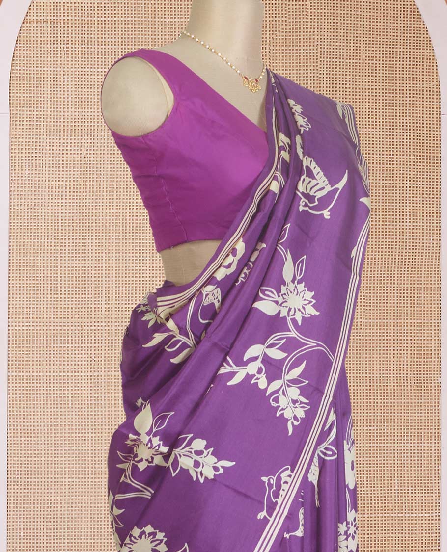 Violet floral vine and bird motifs printed silk saree, piping border, and floral printed pallu