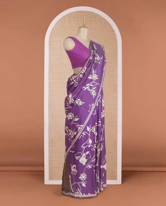 Violet floral vine and bird motifs printed silk saree, piping border, and floral printed pallu