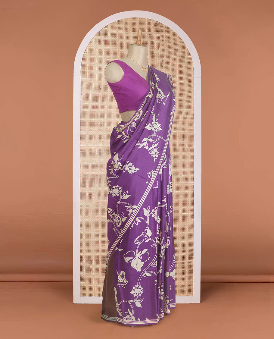 Violet floral vine and bird motifs printed silk saree, piping border, and floral printed pallu