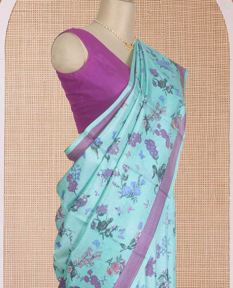 Blue floral vine printed silk saree, contrast printed border, and pallu of geometric print