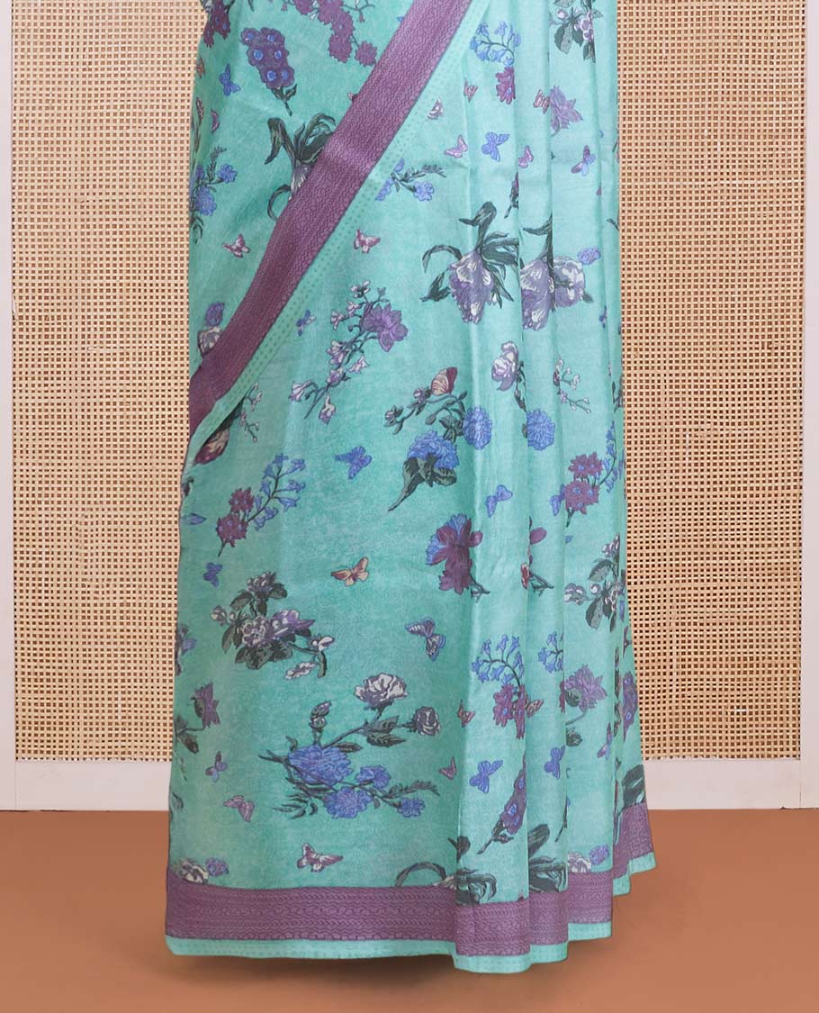 Blue floral vine printed silk saree, contrast printed border, and pallu of geometric print