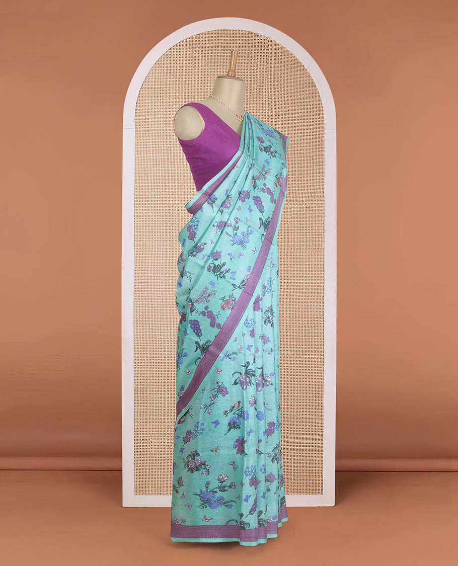 Blue floral vine printed silk saree, contrast printed border, and pallu of geometric print