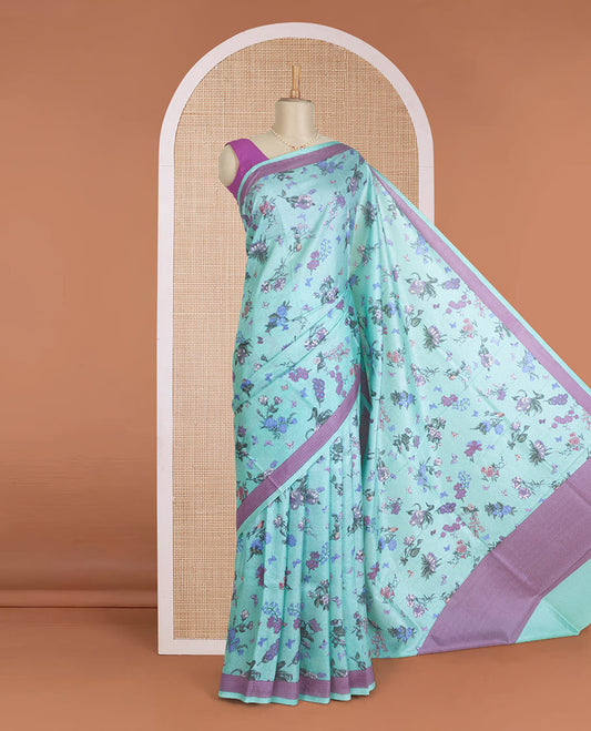 Blue floral vine printed silk saree, contrast printed border, and pallu of geometric print