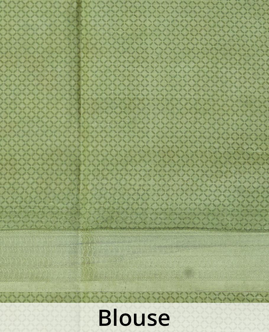 Green kalamkari floral vine printed silk saree, zari border, and pallu of stripes print