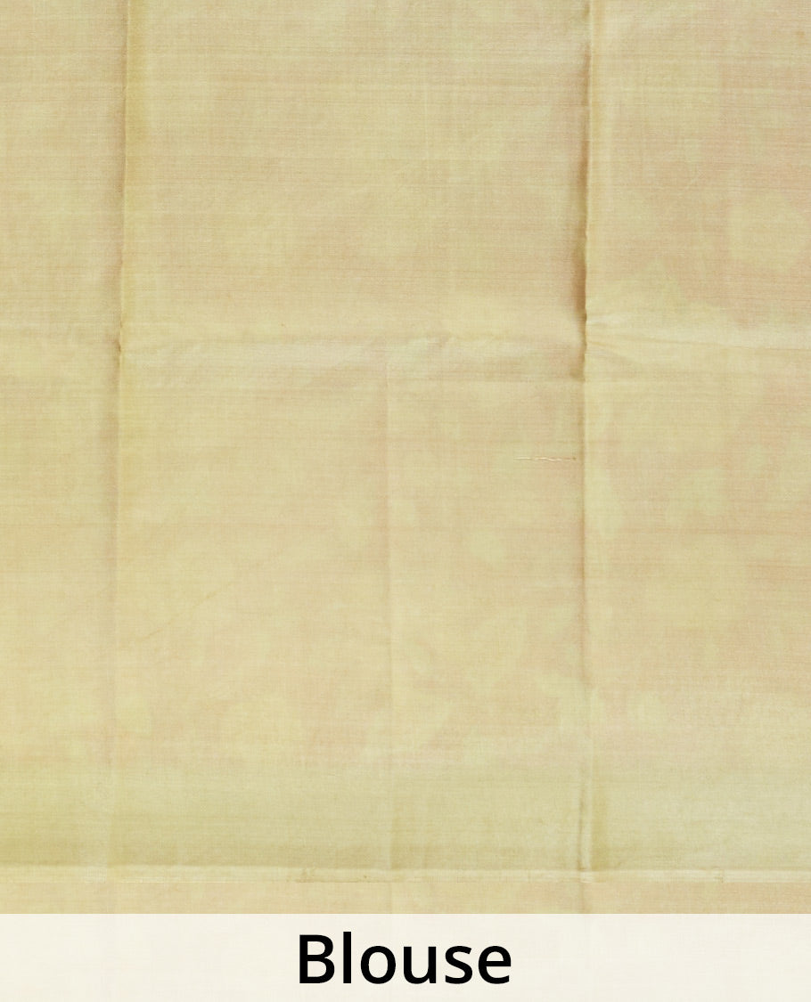 Peach floral motifs printed silk saree, contrast chevron border, and chevron printed pallu