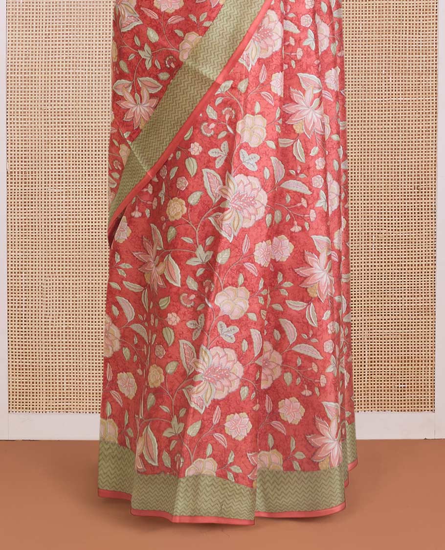 Peach floral motifs printed silk saree, contrast chevron border, and chevron printed pallu