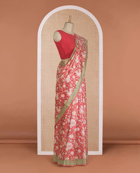 Peach floral motifs printed silk saree, contrast chevron border, and chevron printed pallu