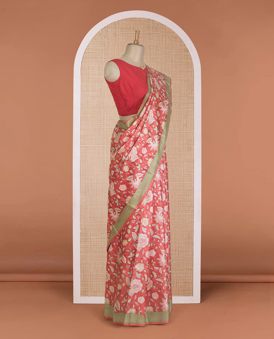 Peach floral motifs printed silk saree, contrast chevron border, and chevron printed pallu
