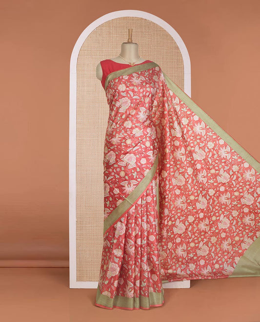 Peach floral motifs printed silk saree, contrast chevron border, and chevron printed pallu