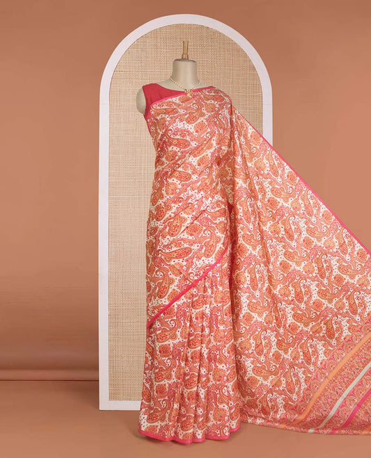 Borderless orange paisley motifs printed silk saree, intricately printed pallu