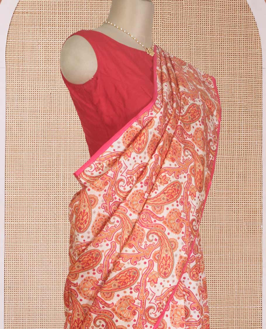 Borderless orange paisley motifs printed silk saree, intricately printed pallu