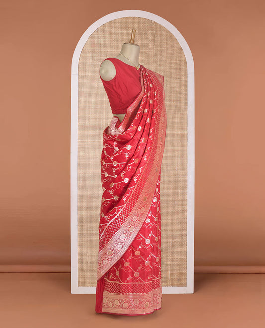 Red diagonal floral stripes with stone work Banaras Satin silk saree, floral creeper zari border, and pallu of jaal design