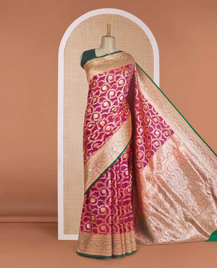 Green zari buttas Banaras with stone work Satin  silk saree, traditional zari border, and pallu of intricate design