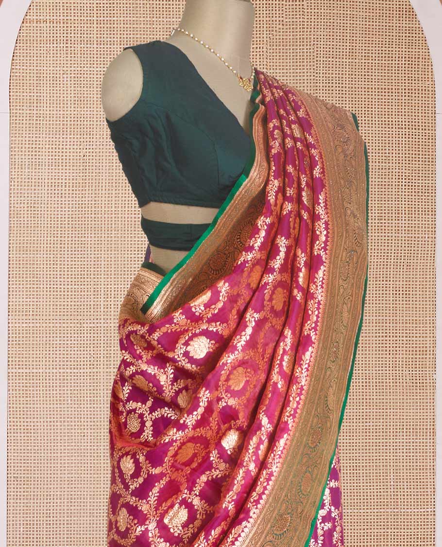 Green zari buttas Banaras with stone work Satin  silk saree, traditional zari border, and pallu of intricate design