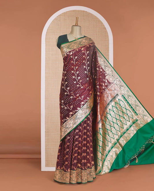 Maroon floral vine design with stone work Banaras Satin and Nylon silk saree, contrast floral design zari border, and ogee patterned pallu