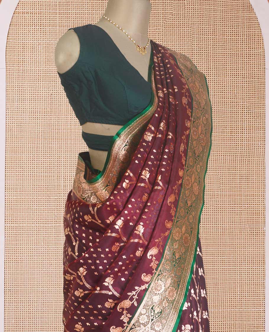 Maroon floral vine design with stone work Banaras Satin and Nylon silk saree, contrast floral design zari border, and ogee patterned pallu