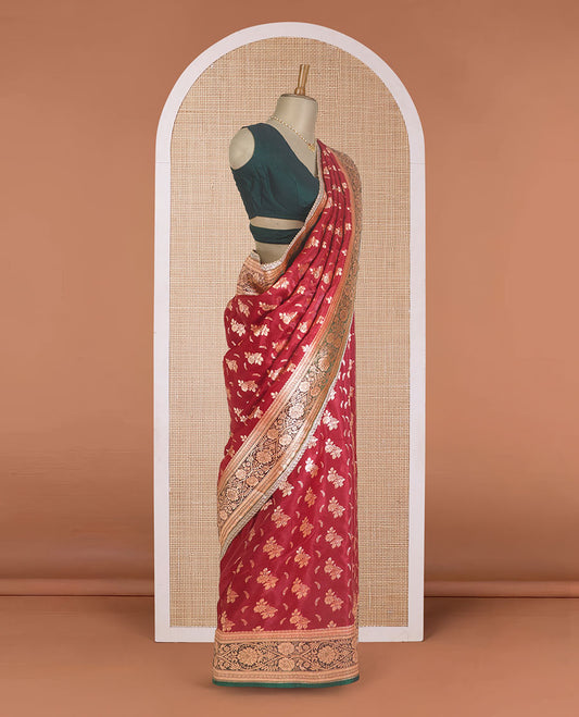 Red floral buttas with stone work Banaras Nylon silk saree, contrast floral creeper zari border, and Mughal-style intricately zari woven pallu