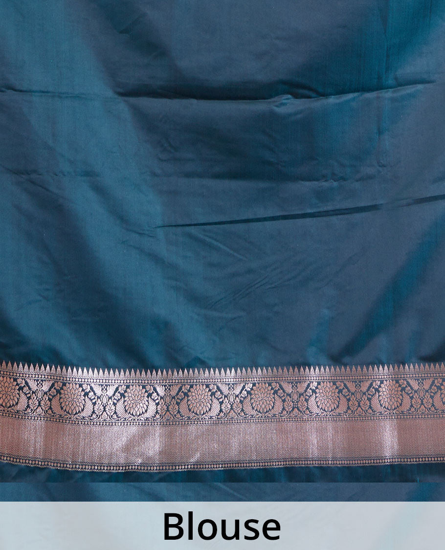 Green zari buttas Banaras Satin silk saree, traditional zari border, and Mughal-style motif zari woven pallu