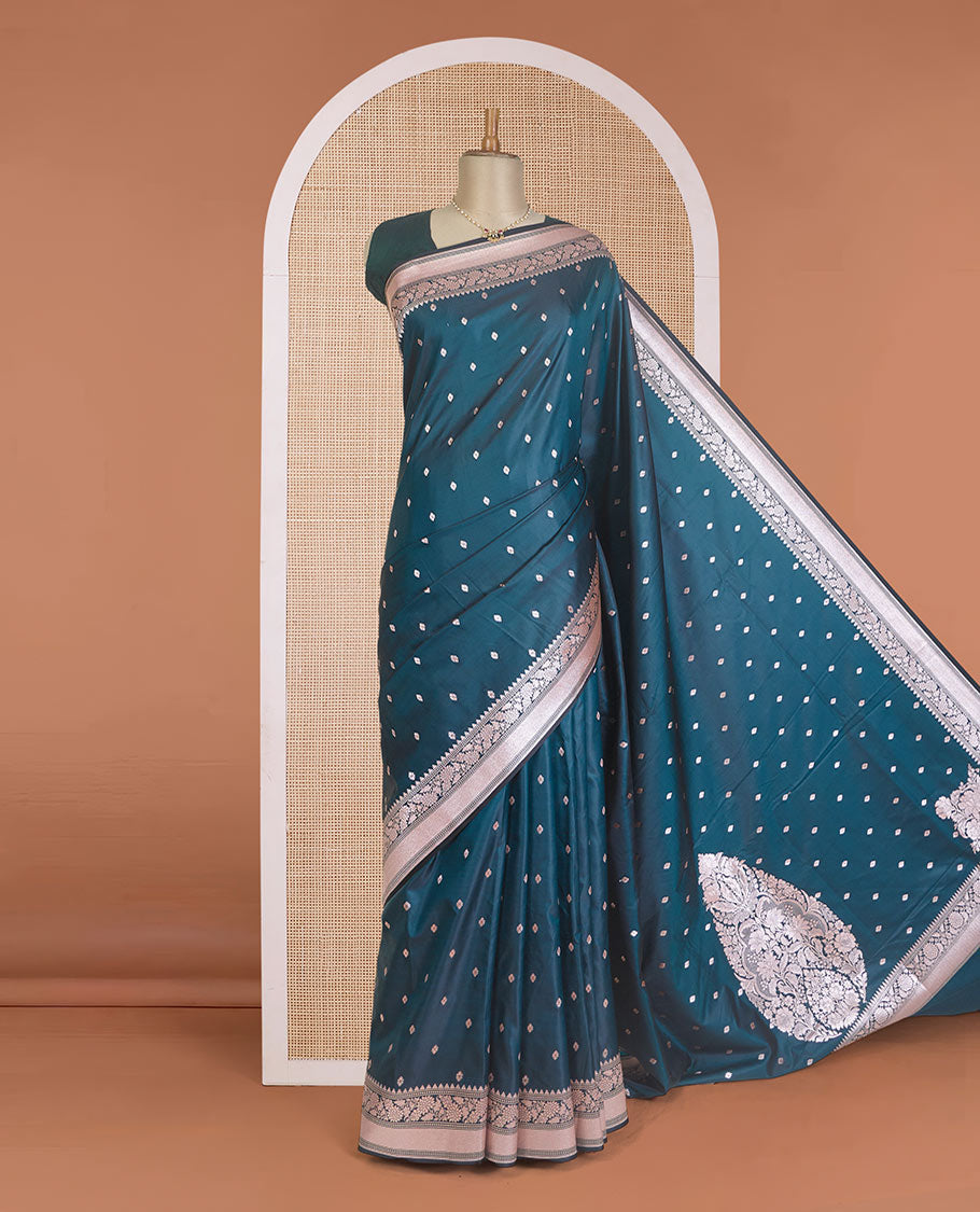 Green zari buttas Banaras Satin silk saree, traditional zari border, and Mughal-style motif zari woven pallu