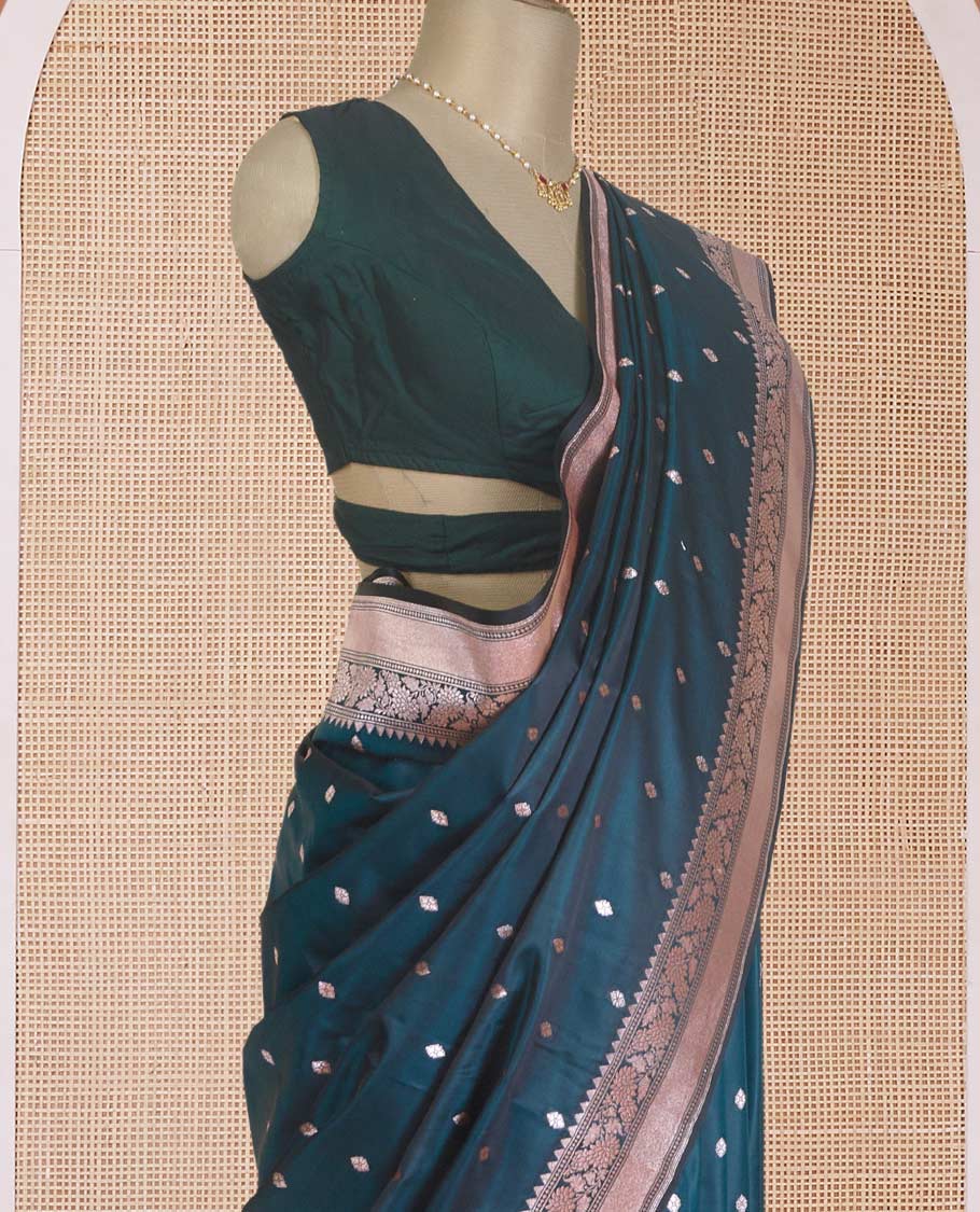 Green zari buttas Banaras Satin silk saree, traditional zari border, and Mughal-style motif zari woven pallu