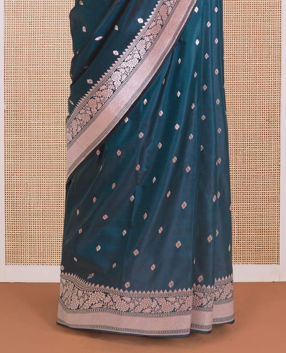 Green zari buttas Banaras Satin silk saree, traditional zari border, and Mughal-style motif zari woven pallu