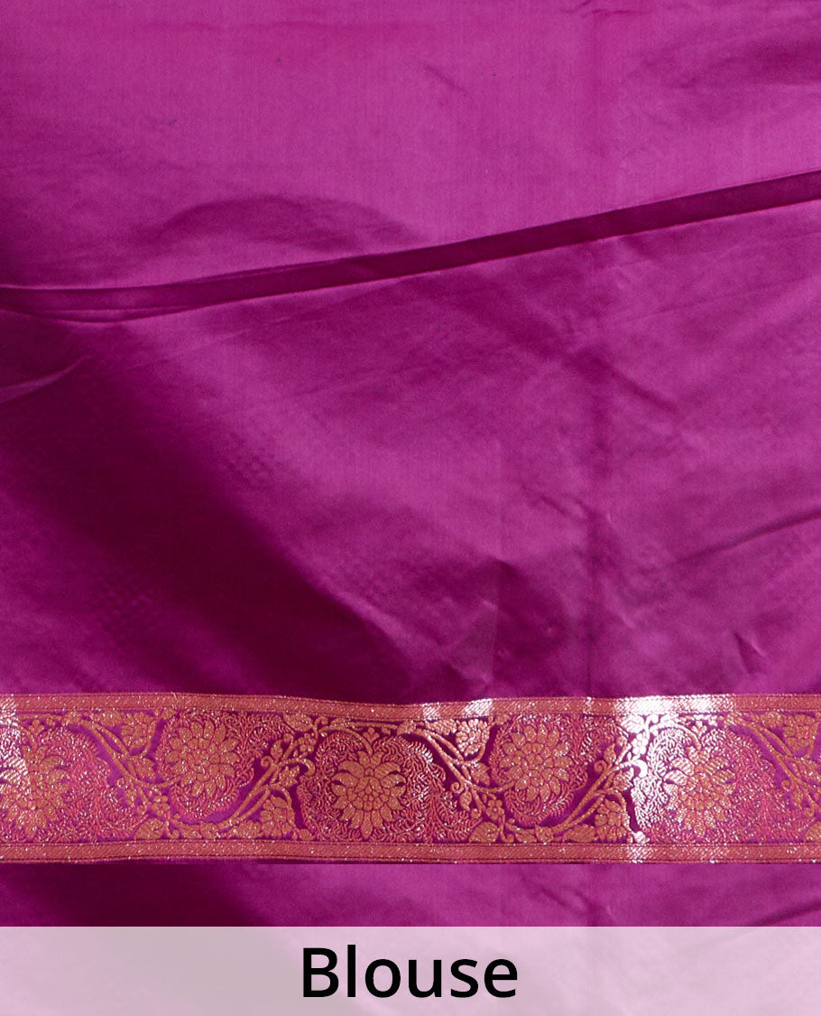 Purple zari buttas Banaras Satin silk saree, traditional zari border, and Mughal-style intricately zari woven pallu