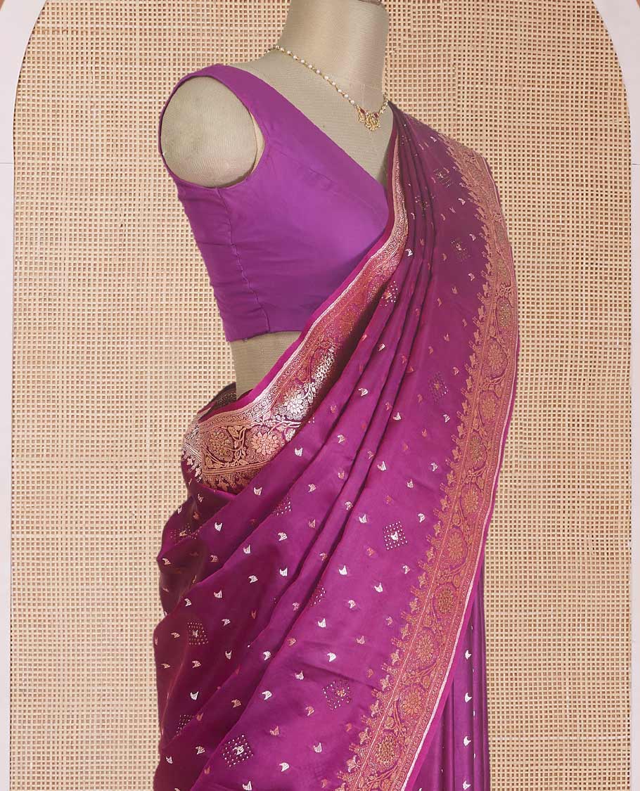 Purple zari buttas Banaras Satin silk saree, traditional zari border, and Mughal-style intricately zari woven pallu