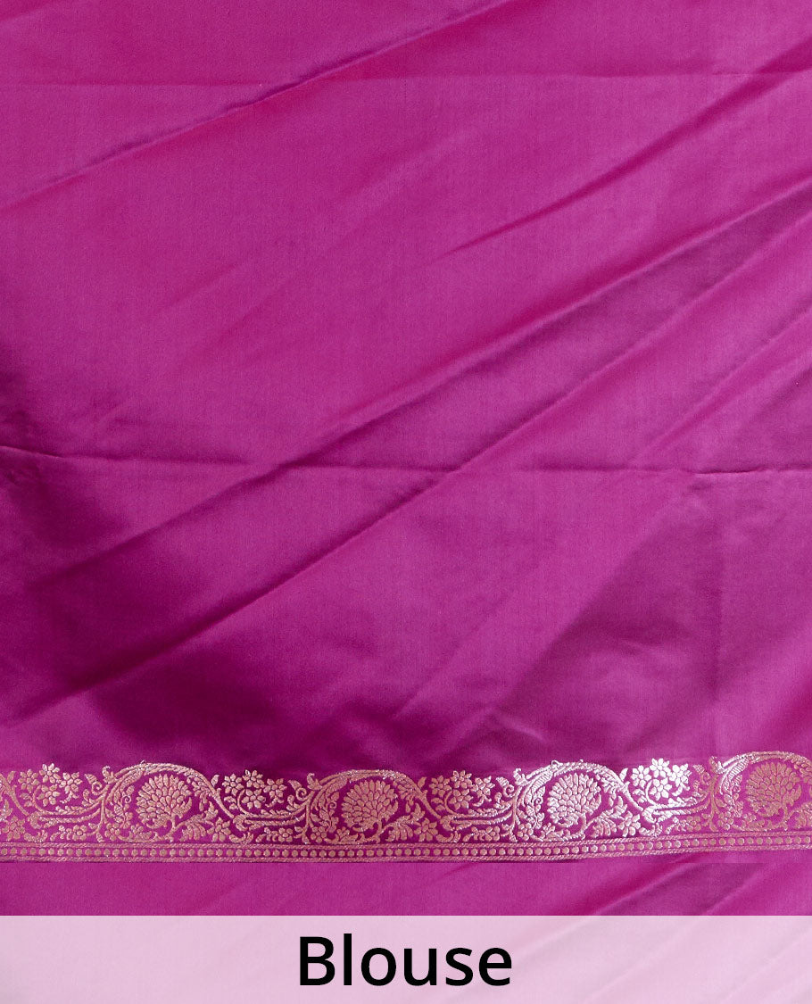 Purple plain Banaras Satin silk saree, traditional zari border of floral creeper design, and intricately zari woven pallu