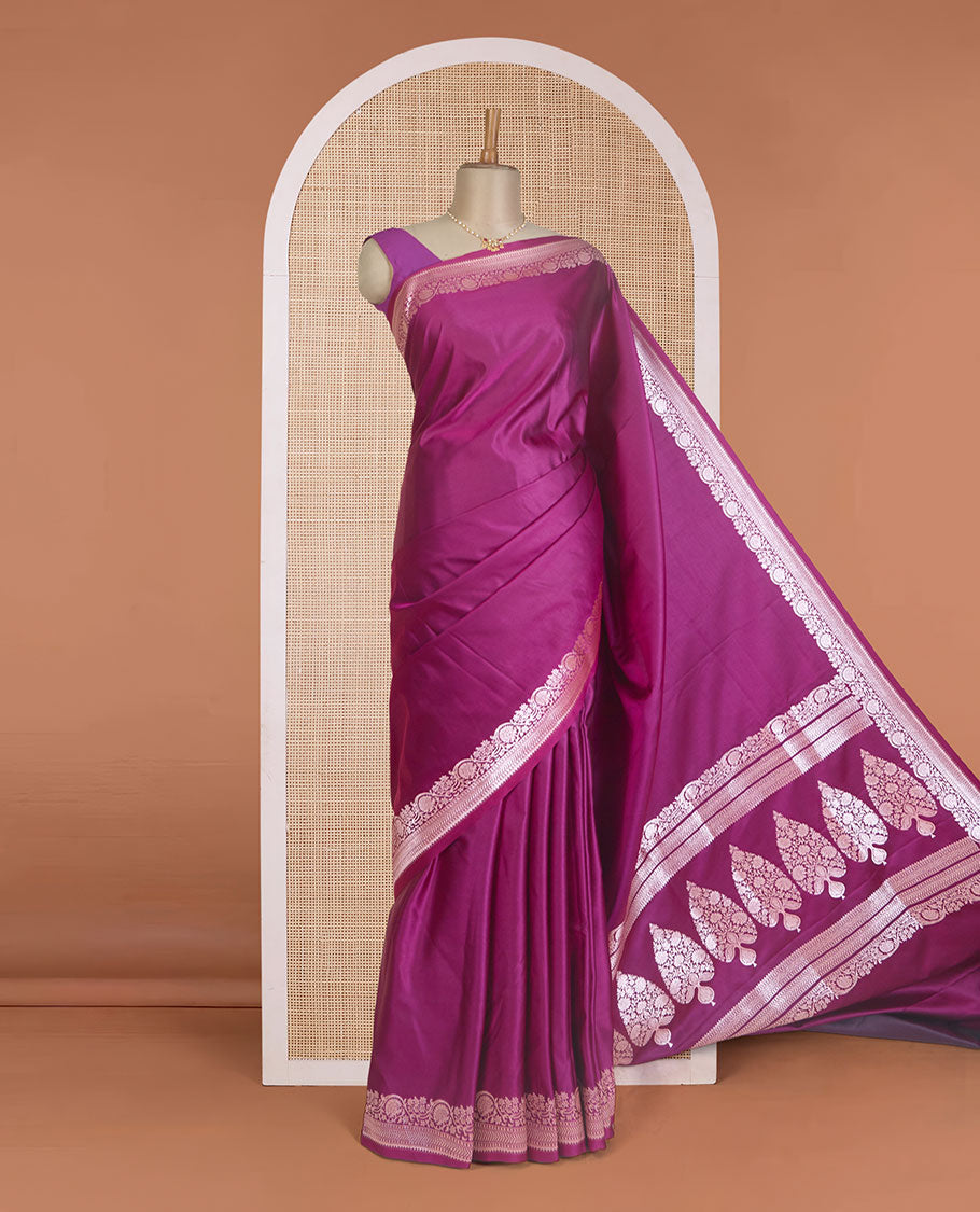 Purple plain Banaras Satin silk saree, traditional zari border of floral creeper design, and intricately zari woven pallu