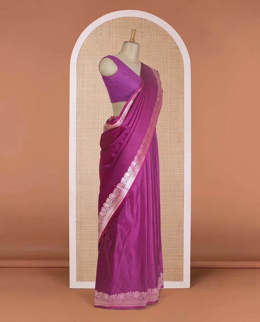 Purple plain Banaras Satin silk saree, traditional zari border of floral creeper design, and intricately zari woven pallu