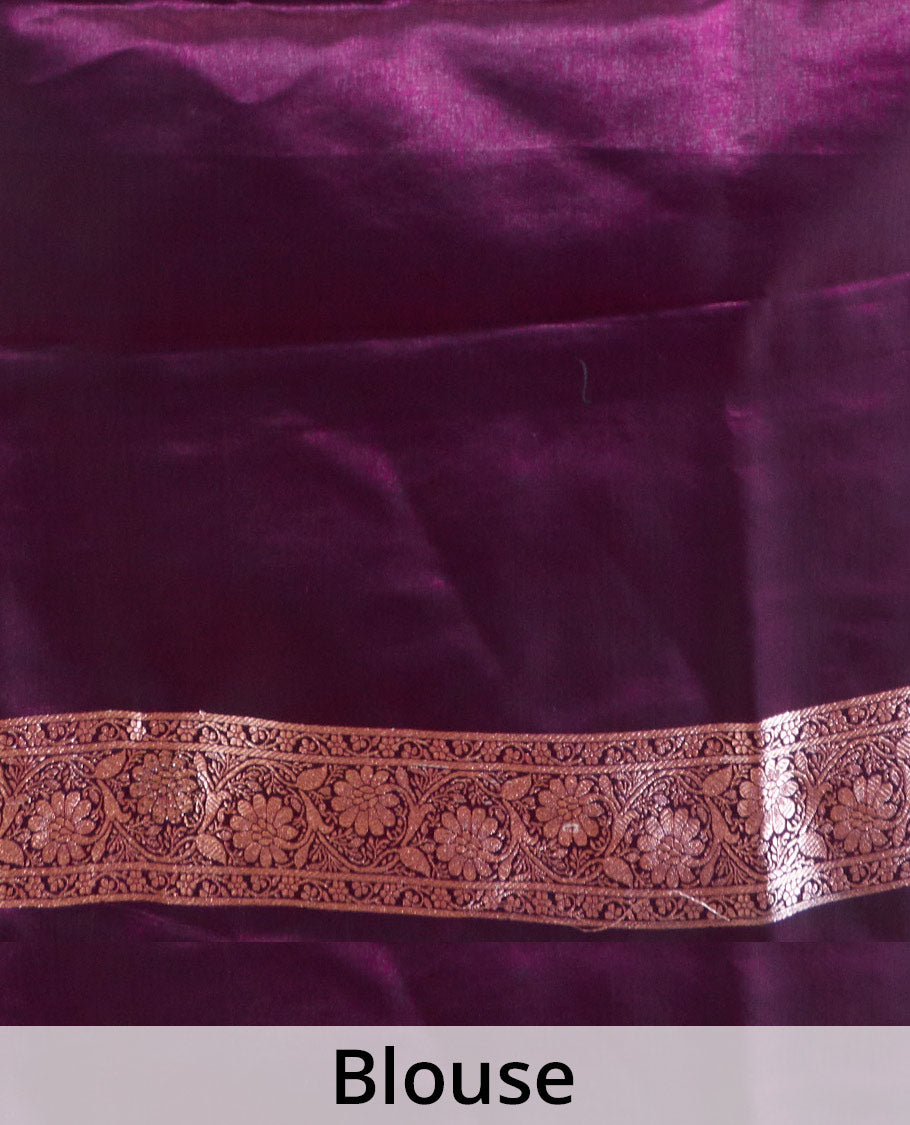 Purple zari buttas woven Banaras Nylon silk saree, traditional zari border of floral creeper designs, and intricate pallu