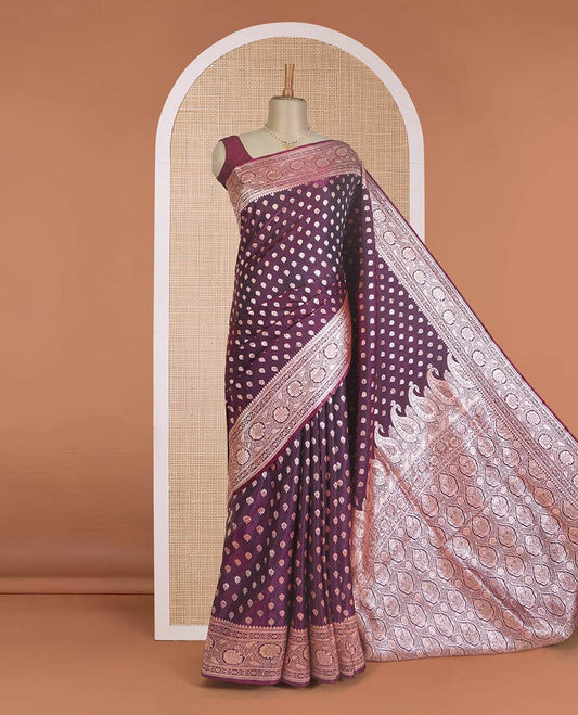 Purple zari buttas woven Banaras Nylon silk saree, traditional zari border of floral creeper designs, and intricate pallu