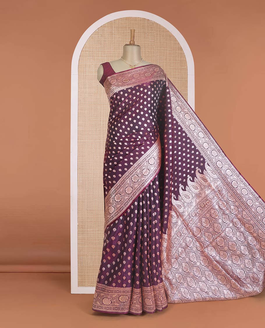 Purple zari buttas woven Banaras Nylon silk saree, traditional zari border of floral creeper designs, and intricate pallu