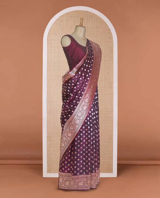 Purple zari buttas woven Banaras Nylon silk saree, traditional zari border of floral creeper designs, and intricate pallu
