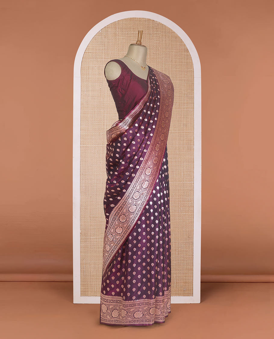 Purple zari buttas woven Banaras Nylon silk saree, traditional zari border of floral creeper designs, and intricate pallu