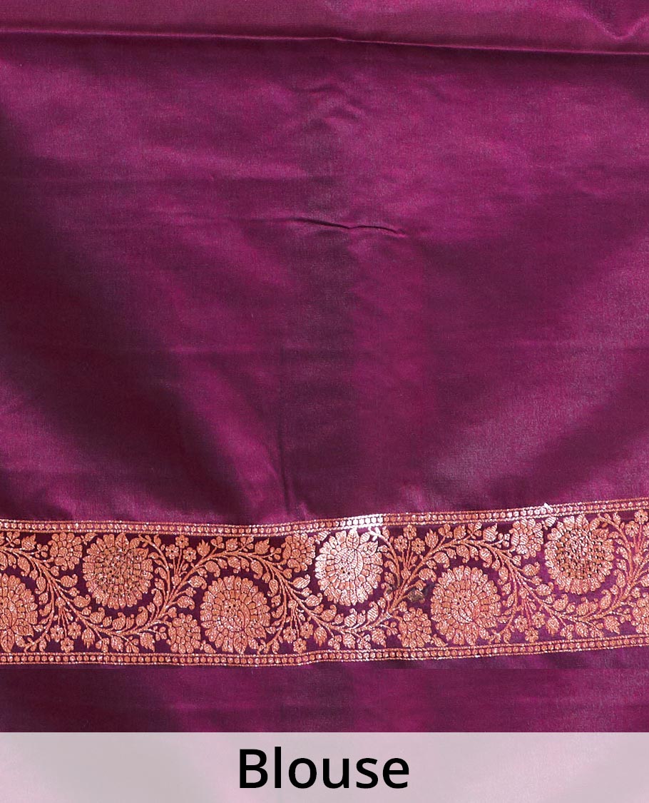 Wine purple floral jaal jacquard with stone work Banaras Nylon silk saree, traditional zari border of floral creeper designs, and intricate pallu