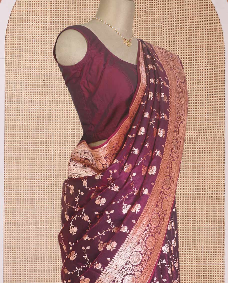 Wine purple floral jaal jacquard with stone work Banaras Nylon silk saree, traditional zari border of floral creeper designs, and intricate pallu