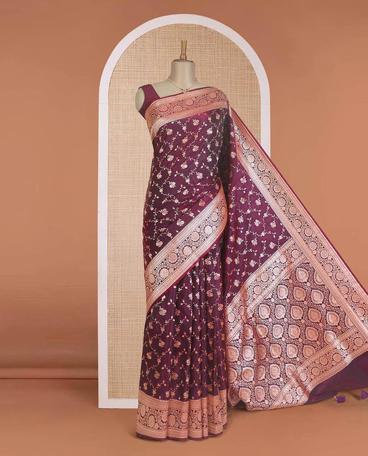 Wine purple floral jaal jacquard with stone work Banaras Nylon silk saree, traditional zari border of floral creeper designs, and intricate pallu