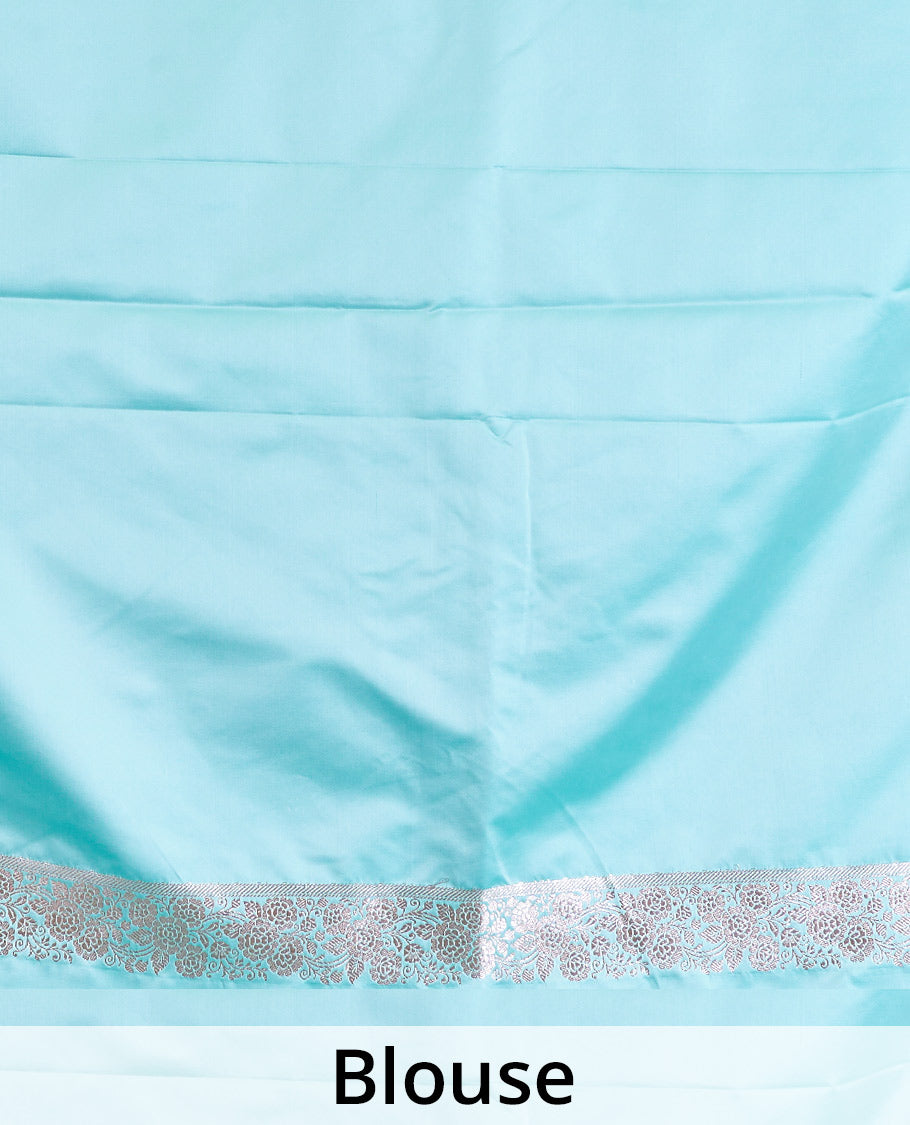 Turquoise zari buttas Banaras Satin silk saree, traditional zari border, and Mughal-style woven pallu