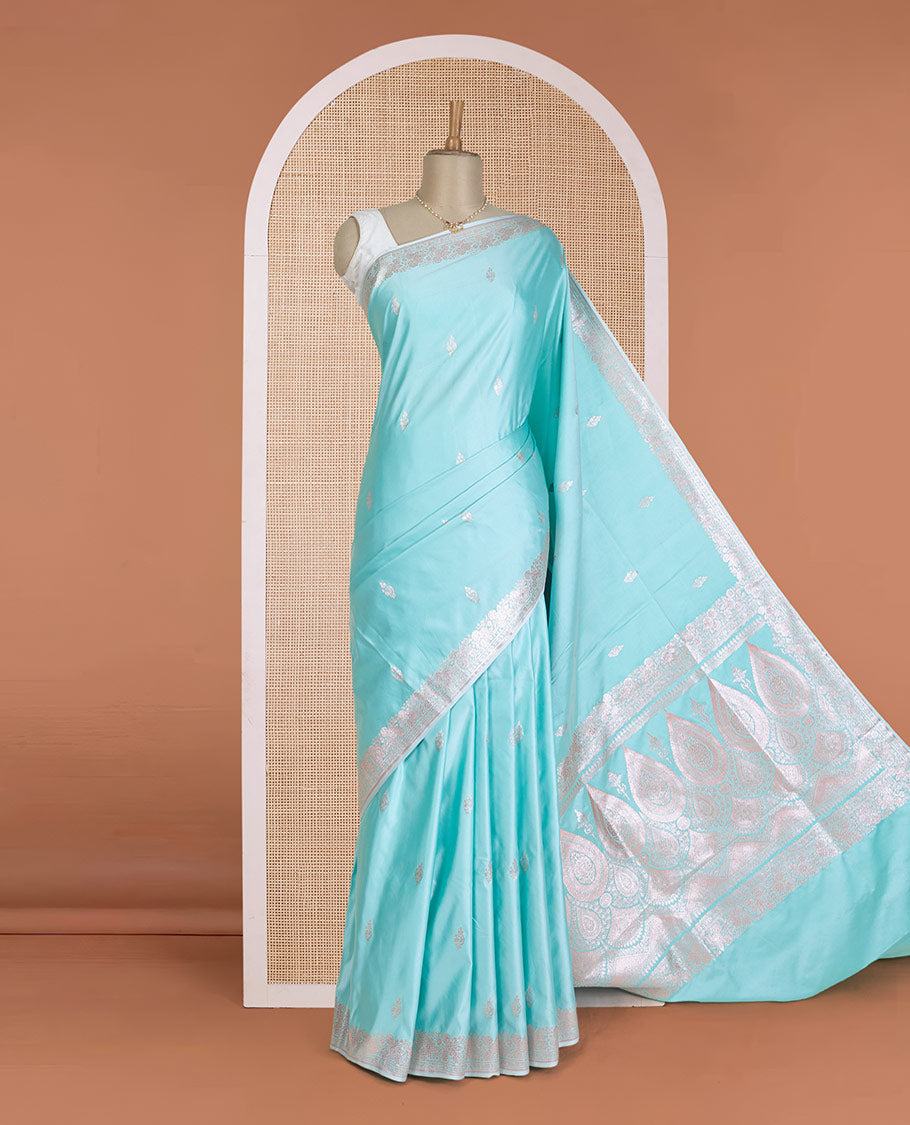 Turquoise zari buttas Banaras Satin silk saree, traditional zari border, and Mughal-style woven pallu